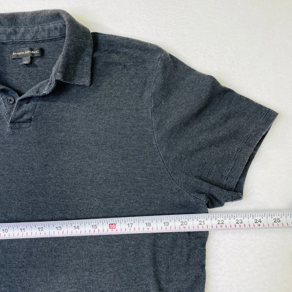 Banana Republic Mens Large Polo Shirt Navy Blue Gray Micro Stripe Short Sleeve